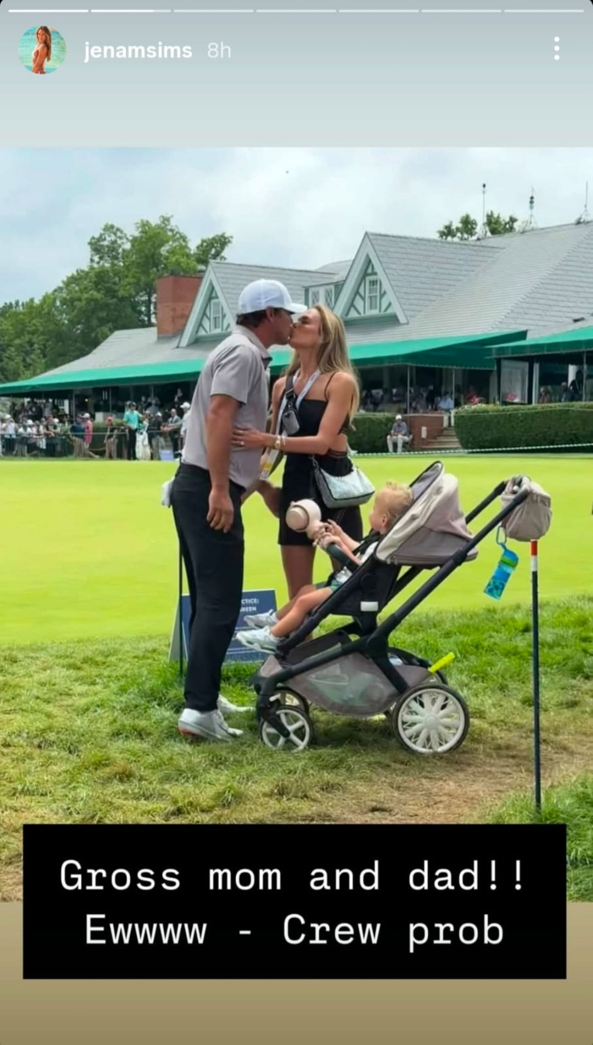 Jena Sims shared a US Open photo of her kissing Brooks Koepka as their son Crew watched from his stroller (via @jenasims)